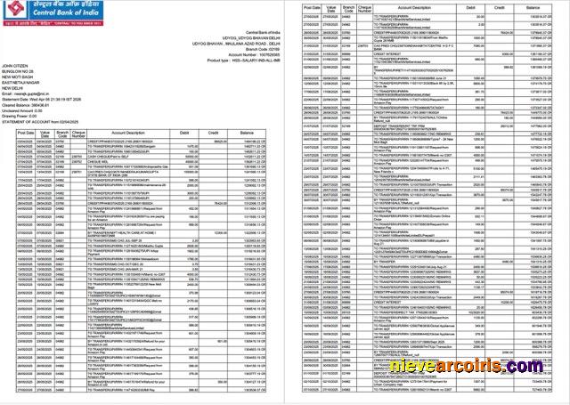 India Central Bank of India statement of account Word and PDF, 2 pages